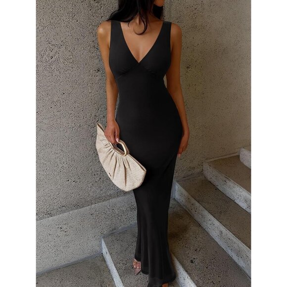 Women's Black Onyx Summer V Neck Sleeveless Guest Sexy Mesh Bodycon Maxi Dress - Picture 4 of 6